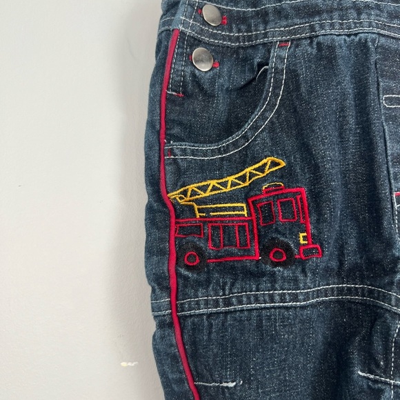 Vintage Denim Overalls Dark Wash Embroidered Fire Truck Theme 3M Baby Boy - Picture 3 of 5